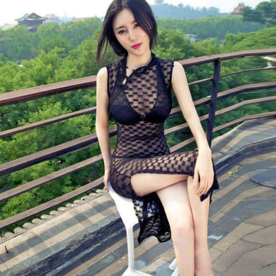 透视旗袍包臀长裙制服蕾丝性感