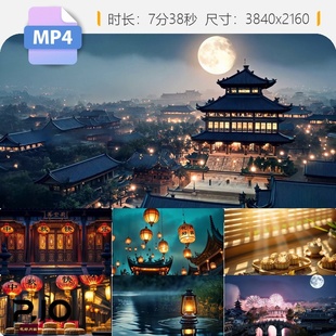 高清中秋古城嫦娥奔月团圆赏月放烟花祈福灯笼国风月饼视频素材