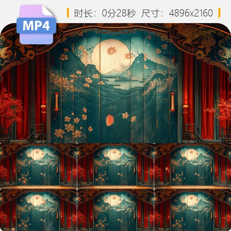 高清国风戏曲舞台屏风新中式昆曲背景水墨山桃花江南乡意视频素材