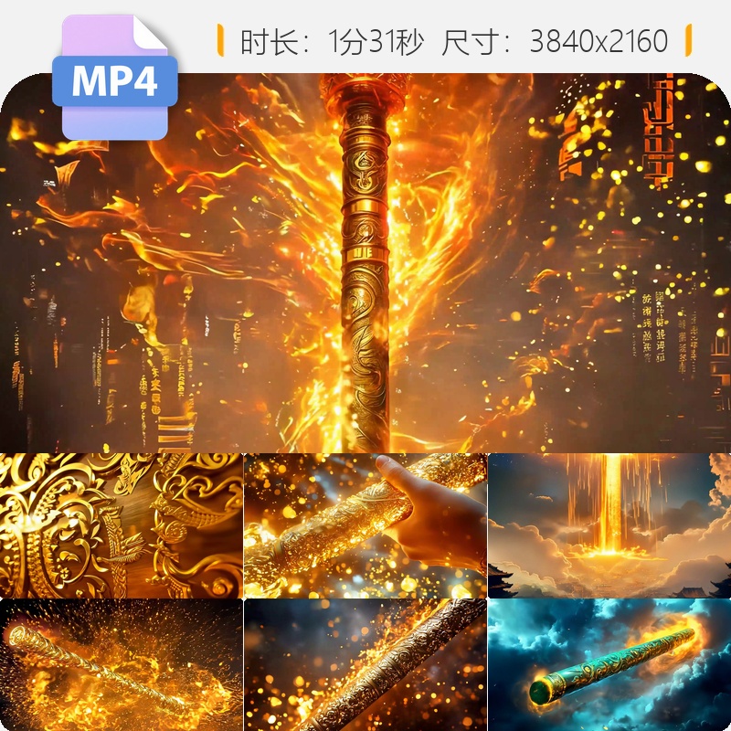 高清金箍棒特效黑神话悟空旋转动画火焰粒子美猴王飞舞视频素材