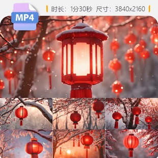 高清灯笼新年中国风红灯笼雪天冬至大寒树上挂立春飘雪20视频素材