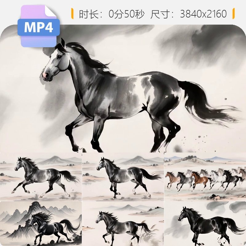 高清2026春节水墨骏马动态驰骋万马奔腾国画意境中国风视频素材