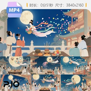 高清中秋嫦娥奔月神话故事古风飞天宫灯玉兔动画唯美浪漫视频素材