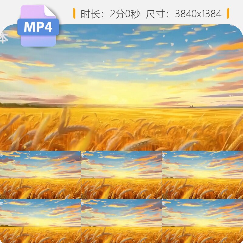高清6K超宽屏金色麦田穗浪飞舞黄昏天空手绘插画乡村背景视频素材
