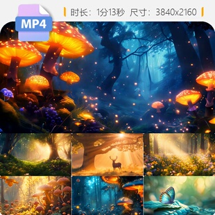高清梦幻森林神秘童话背景魔法夜晚奇仙境草地粒子灯光沉视频素材