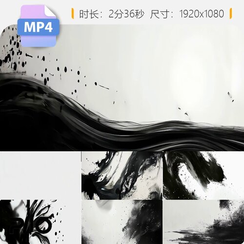 高清宽屏水墨笔刷晕染碰撞黑白流体泼墨中国风线条转场视频素材