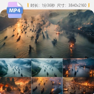 高清赤壁之战火烧战船火攻三国长江古代水战木质燃烧演义视频素材