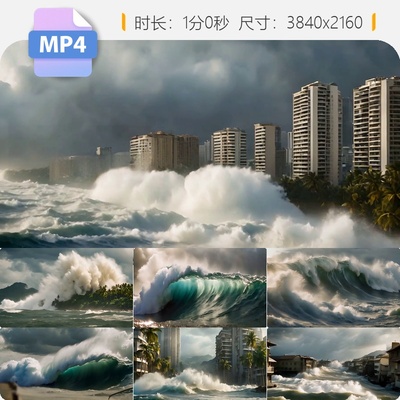 高清海啸巨浪冲击城镇自然灾难摧毁家园敬畏力量三维特效视频素材