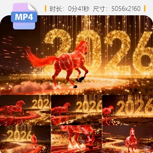 高清红金马宽屏奔跑三维粒子动画2026马年年会片头开场视频素材