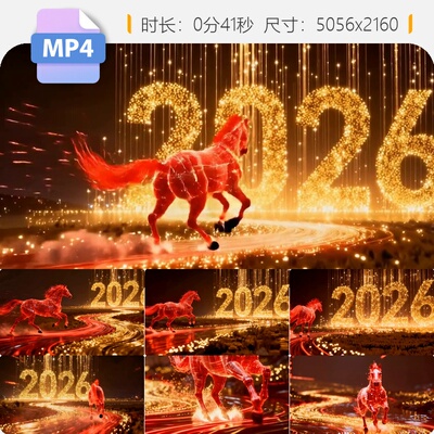 高清红金马宽屏奔跑三维粒子动画2026马年年会片头开场视频素材
