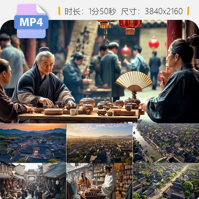 高清大唐朝长安城集市航拍热闹街道商业建筑车水马龙视频素材