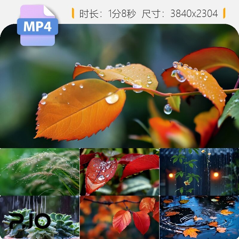高清秋天下雨天雨景唯美雨滴秋雨落叶蜻蜓水滴金色枫风视频素材
