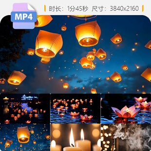 高清中元节七月半祭奠河灯水灯天灯祈愿传统习俗放河灯视频素材