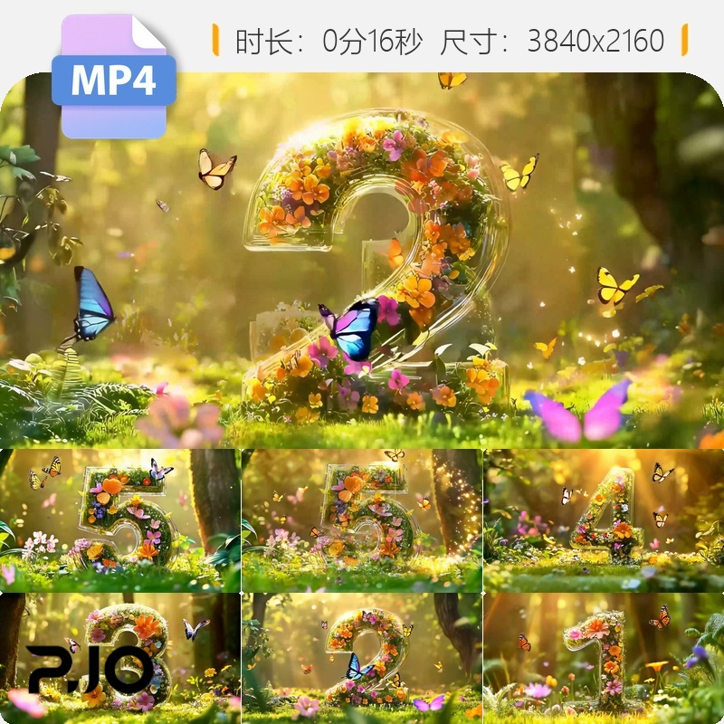 高清梦幻森林数字花卉绽放春天唯美蝴蝶倒计时童话浪漫视频素材