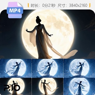 高清嫦娥奔月中国风仙女舞蹈唯美意境月亮剪影优雅长袖视频素材
