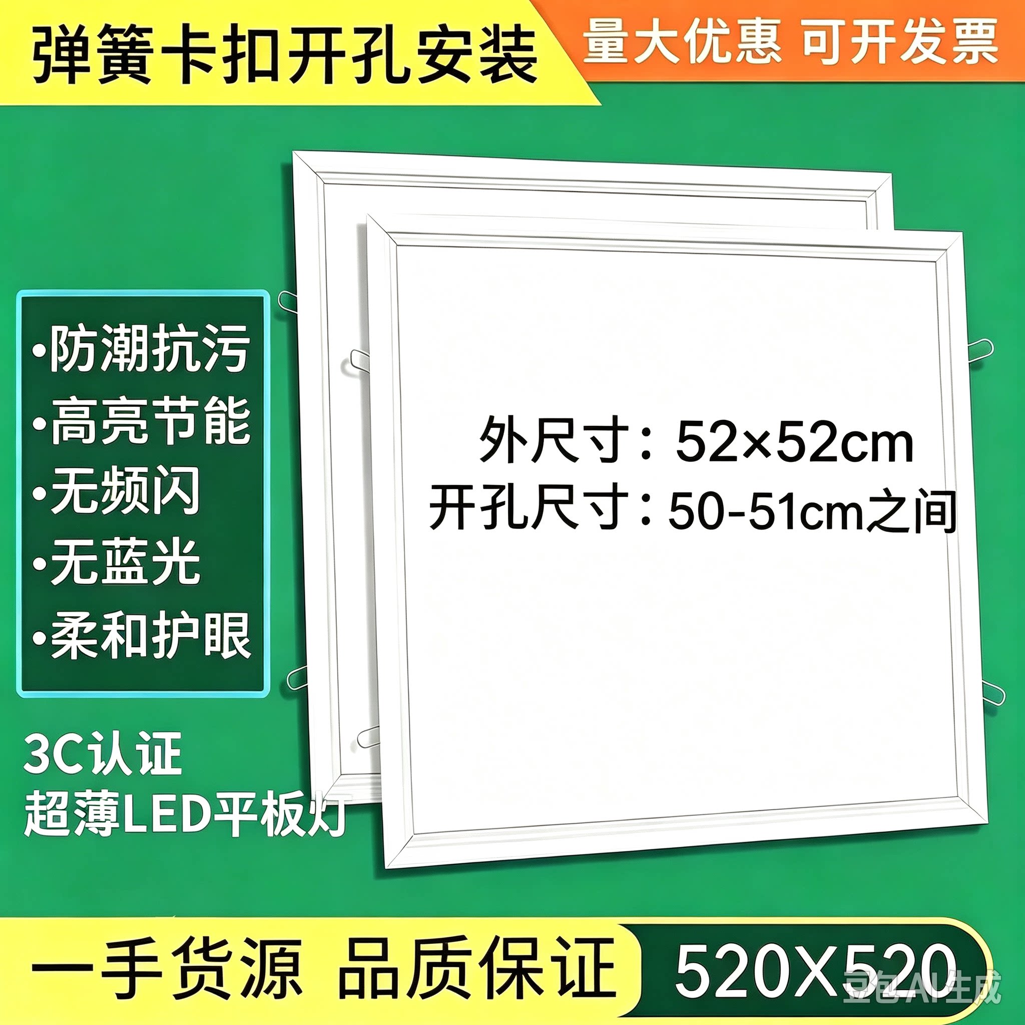 石膏板蜂窝板弹簧灯520x520嵌入式卡簧带卡扣暗装超薄平板灯52*52