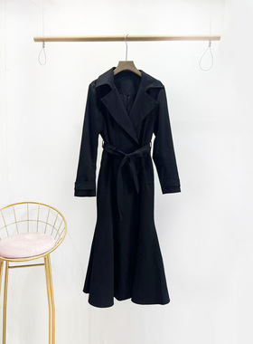 VANE赫本风中长款鱼尾风衣2025秋装新款时尚双排扣系带外套25952