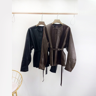 PUTIAN时尚港风系带皮衣2025冬装新款气质百搭显瘦开衫外套女1779