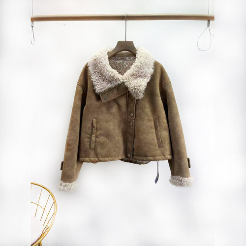 PUTIAN复古抽绳宽松皮毛一体外套