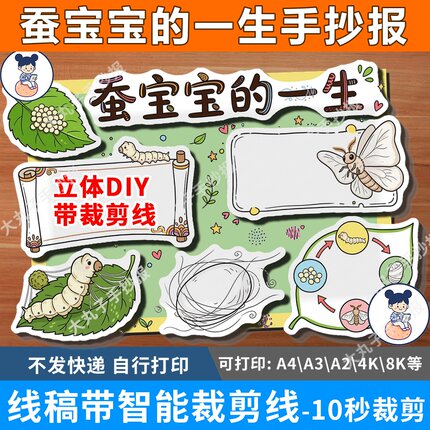 蚕宝宝的一生生长过程养蚕观察立体手抄报裁剪线自然笔记主题绘画