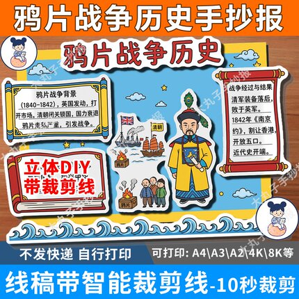 鸦片战争立体手抄报裁剪线八年级历史虎门销烟林则徐近代人物小报