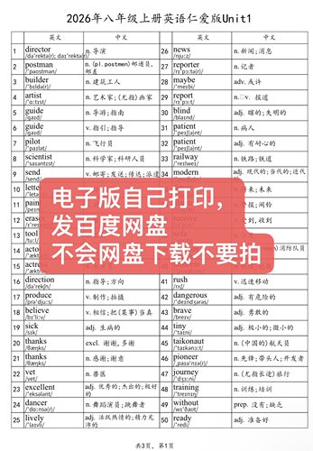 八年级上册英语仁爱版单词默写表