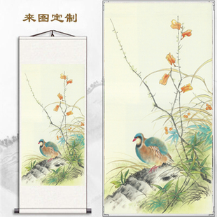 客厅竖版 饰画书房酒店风景壁画办公室卷轴字挂画 花鸟卷轴装 新中式