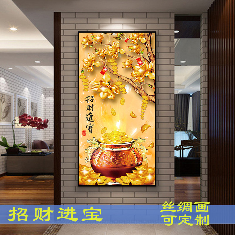 招财进宝茶楼风水客厅丝绸装饰画