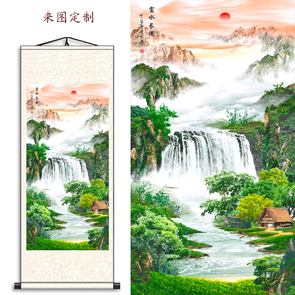 办公室靠山富水长流卷轴挂画玄关客厅竖版旭日东升壁画茶室字画