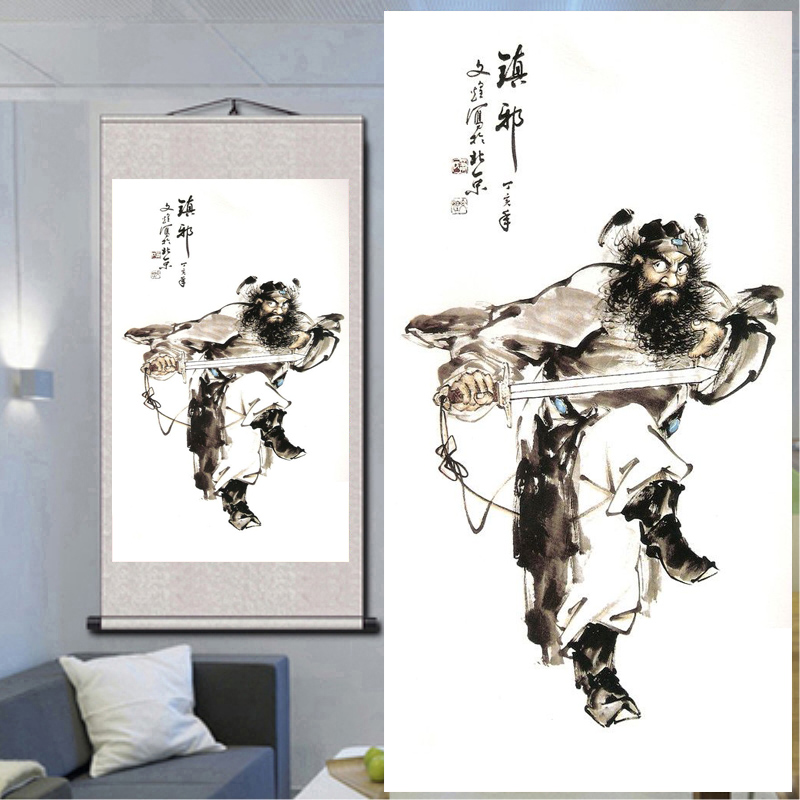 定制钟馗画像丝绸卷轴画朱砂客厅国画赐福钟馗画竖版迎福玄关挂画