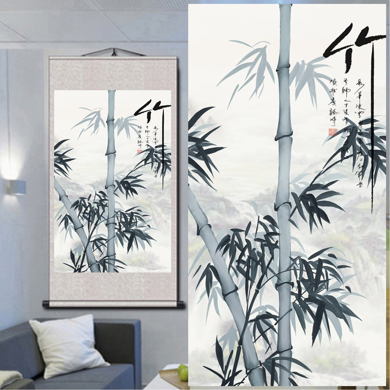 竹子水墨工笔画国画花鸟装饰挂画竖版酒店客厅书房壁画教室办公室