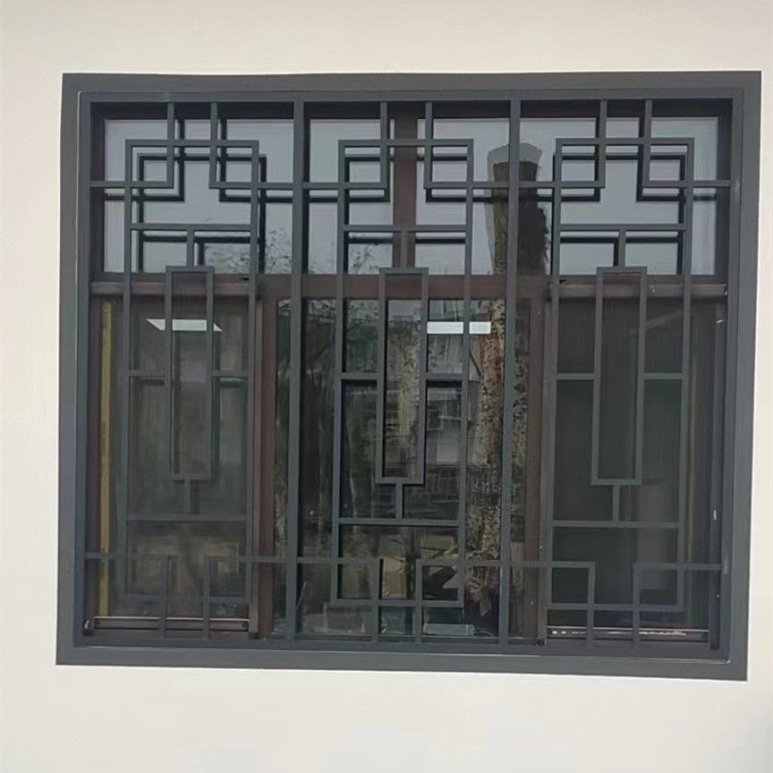 定制中式铝合金铝花格窗花护栏防盗网木纹铝吊楣挂落镂空屏风隔断