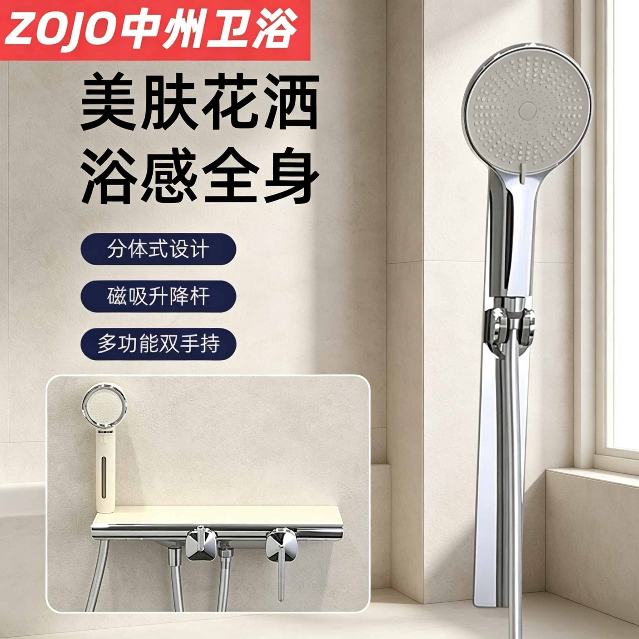 ZOJO全铜水路无顶喷小户型简易款淋浴美肤儿童花洒套装免打孔设计