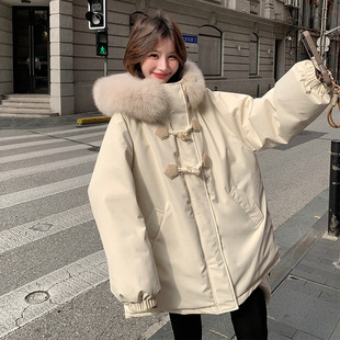 实拍米杏色大毛领连帽牛角扣派克羽绒服2025冬保暖加厚90白鸭绒