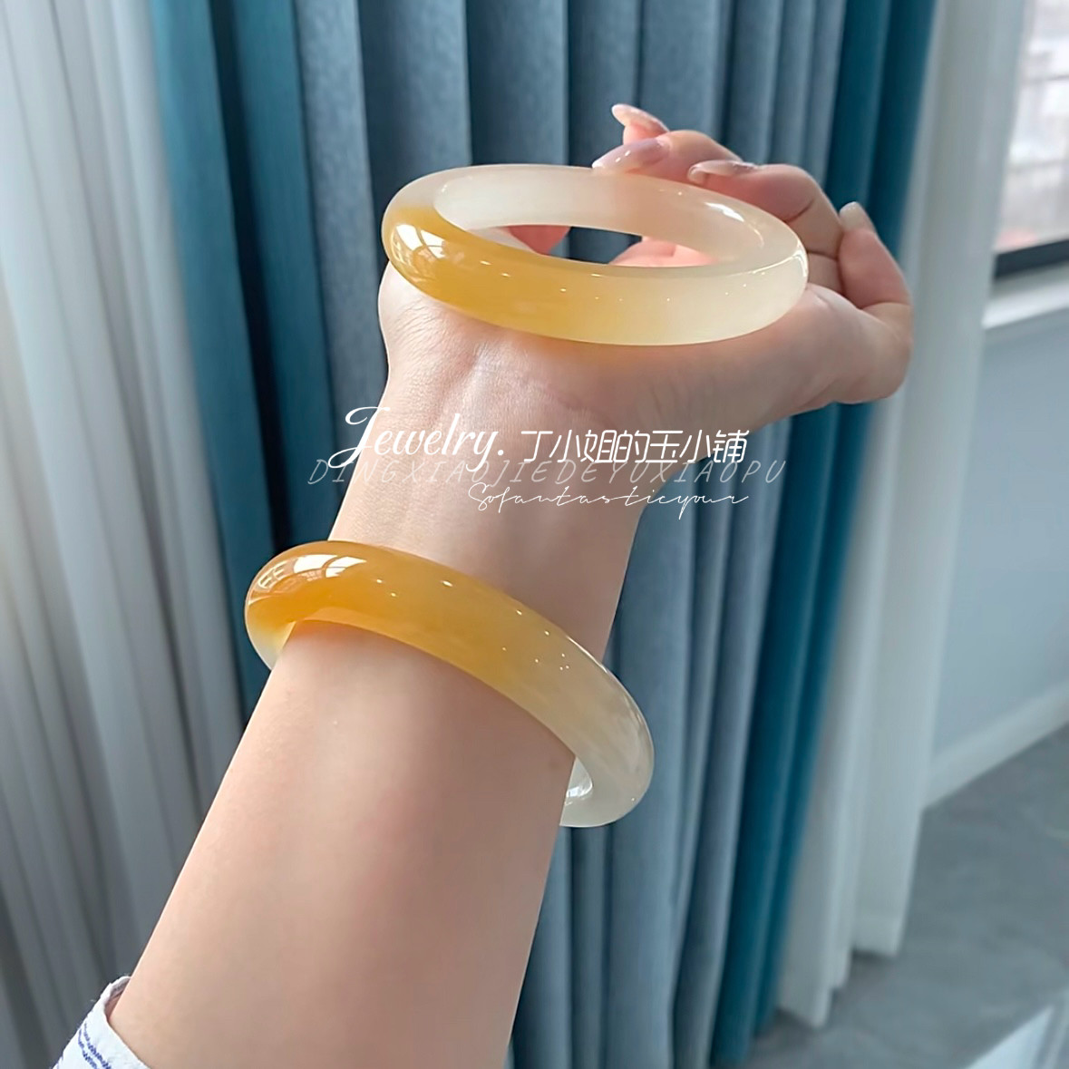 天然黄龙玉手镯女款冰透油青扁条玉镯女冰种玉髓翡翠色一口糖镯子