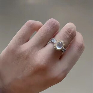S925纯银戒指镶嵌玉髓指环女士精致甜美百搭韩系送女友开口食戒指