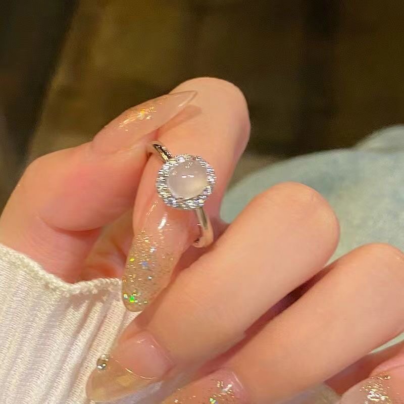 新款S925纯银高冰透白玉髓鸽子蛋戒指女锆石精致轻奢高级感送女友