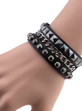 双层皮革方圆铆钉链条手环暗黑朋克摇滚手镯亚比手链