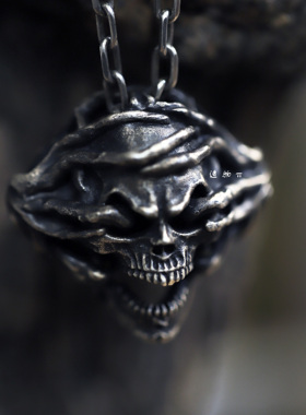纯银朋克风项链骷髅复古吊坠
