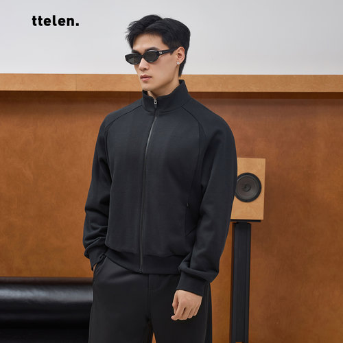 ttelen.拼接加厚磨毛立领针织运动夹克男款秋冬拉绒开衫上衣外套