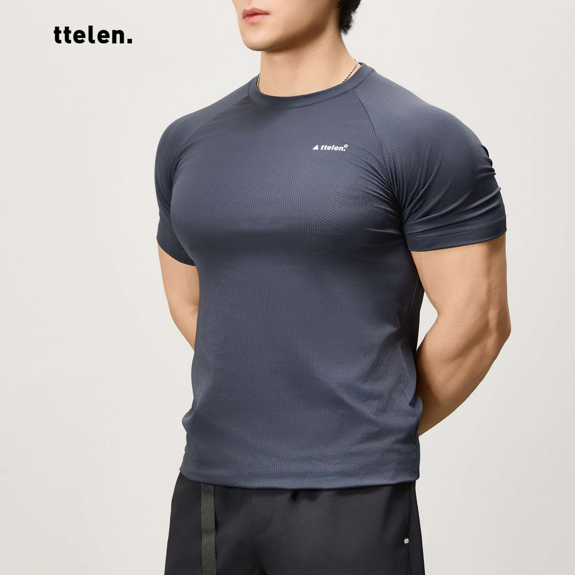 ttelen.竹节纹凉感速干短袖运动T恤男款轻量透气高弹紧身健身上衣