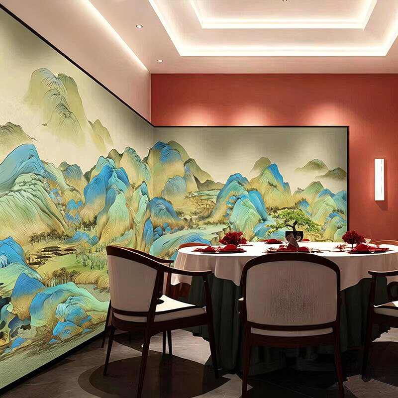 3D中式千里江山壁画大厅背景墙纸国风饭店酒楼餐厅茶式办公室壁纸