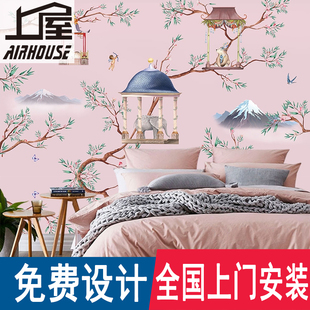 复古宫廷墙纸粉色女孩房卧室床头沙发背景墙布北欧风植物壁纸 法式