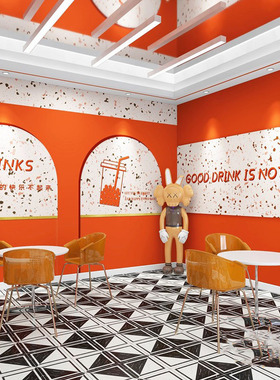 马仕橙色奶茶店咖啡厅墙纸麻将馆棋牌室墙布汉堡炸鸡小吃店壁纸爱