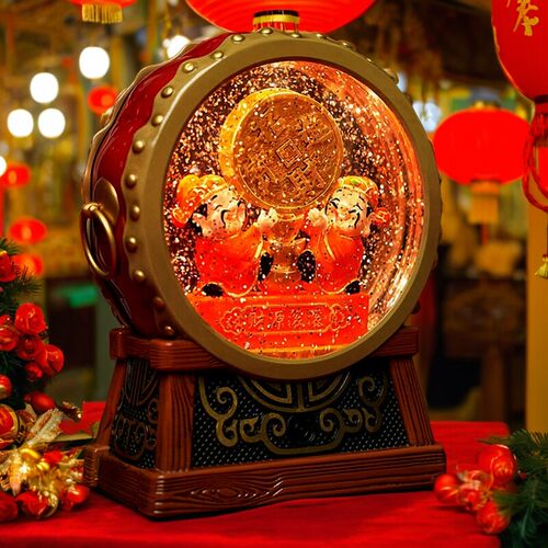 喜庆乔迁礼物财神摆件飘雪锣鼓八音盒小夜灯音乐盒春节过年装饰品
