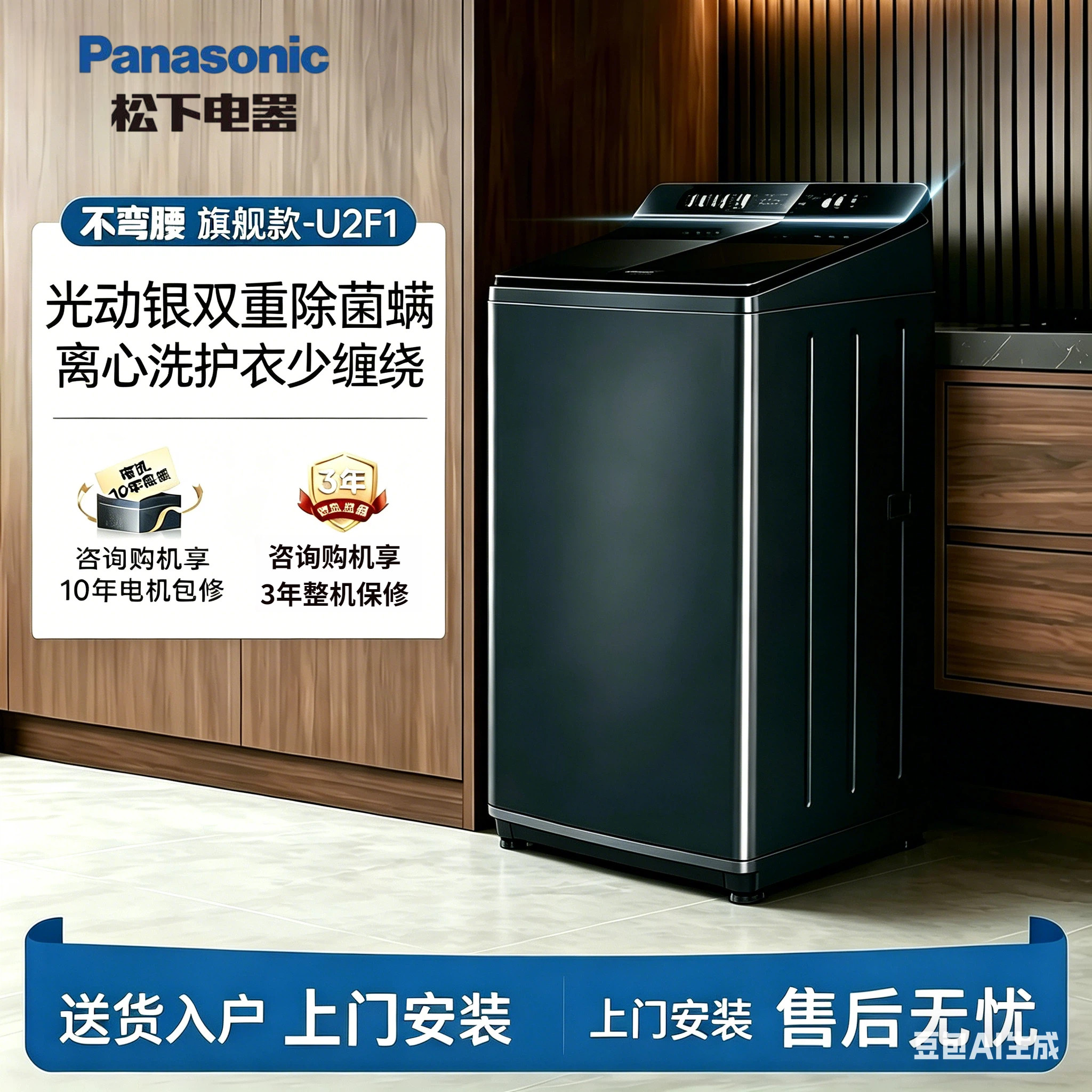 松下全自动洗衣机U2F1大容量光动银除菌螨变频直驱羽绒洗离心护衣