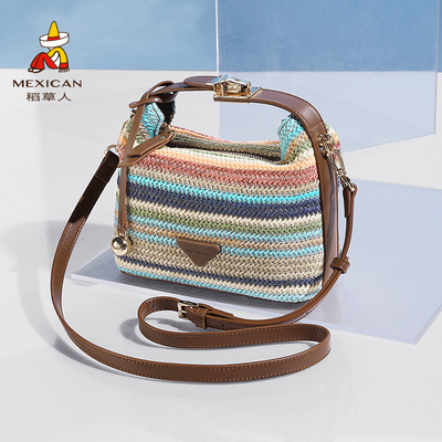 稻草人包包女新款斜挎包大容量单肩包布包小众彩色编织盒子包女包