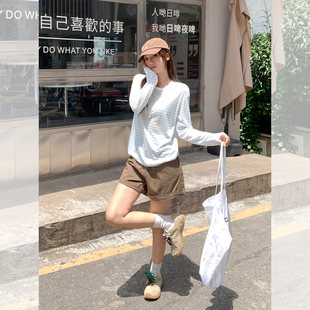 实拍实价蓝色条纹圆领防晒长袖 宽松慵懒感上衣 t恤罩衫 女2025夏季
