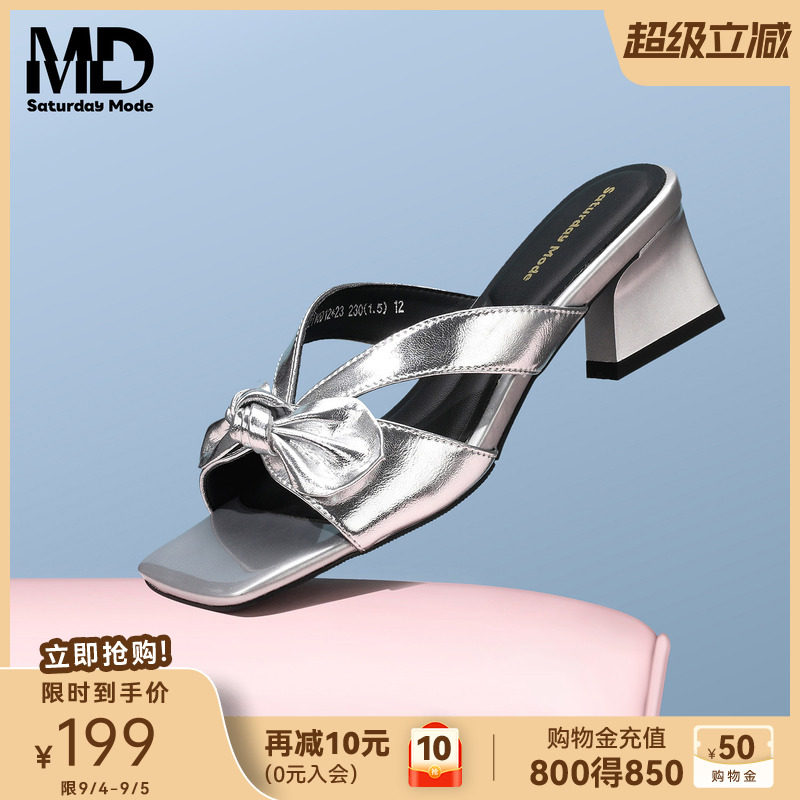 蝴蝶结粗跟凉拖银色法式方头优雅图片