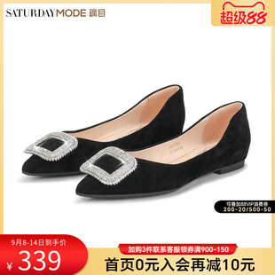 超软羊皮平底鞋 晚晚风黑色气质单鞋 春季 方扣水钻瓢鞋 子 新款 MD女鞋